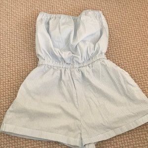seersucker blue and white strapless romper